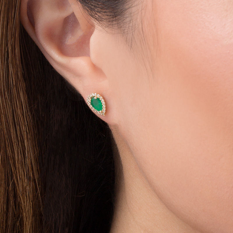 Main Image 2 of Pear-Shaped Emerald and 1/8 CT. T.W. Diamond Frame Stud Earrings in 10K Gold