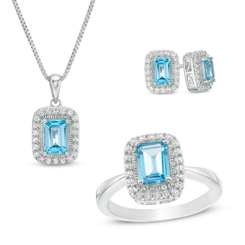 Main Image 1 of Cushion-Cut Swiss Blue Topaz and Lab-Created White Sapphire Pendant, Earrings and Ring Set in Sterling Silver - Size 7