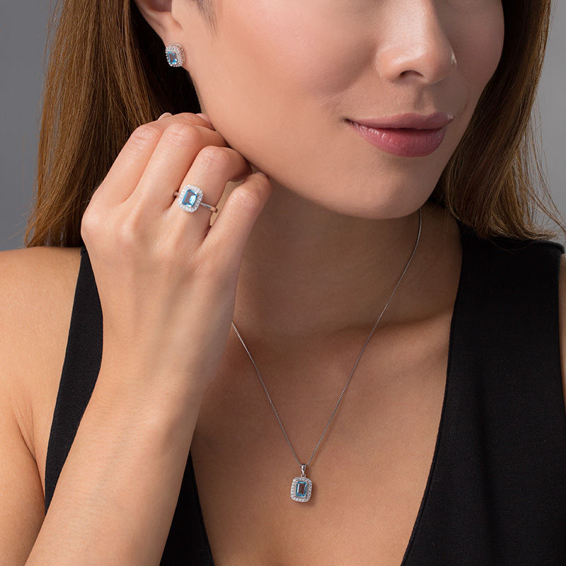 Main Image 2 of Cushion-Cut Swiss Blue Topaz and Lab-Created White Sapphire Pendant, Earrings and Ring Set in Sterling Silver - Size 7