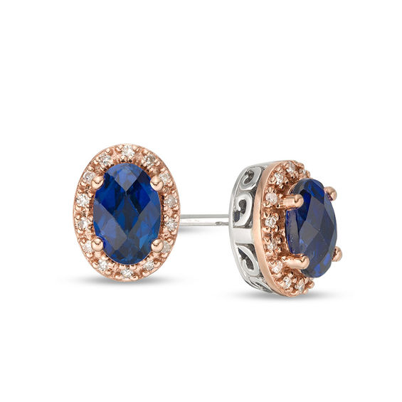 Checkerboard Oval Lab-Created Blue Sapphire and 1/15 CT. T.W. Diamond Frame Stud Earrings in 10K Two-Tone Gold Checkerboard Oval Lab-Created Blue Sapphire and 1/15 CT. T.W. Diamond Frame Stud Earrings in 10K Two-Tone Gold