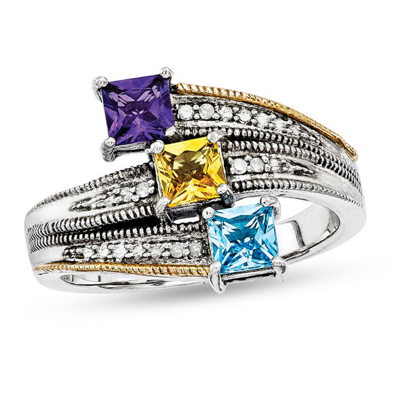 Mother's Princess-Cut Birthstone and Diamond Accent Bypass Ring in Sterling Silver and 14K Gold