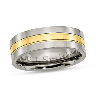 Men's 7.0mm Engravable Polished Wedding Band in Titanium with 14K Gold ...