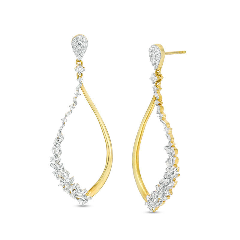Main Image 1 of 7/8 CT. T.W. Baguette and Round Diamond Scatter Teardrop Earrings in 10K Gold