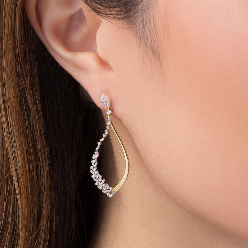 Main Image 2 of 7/8 CT. T.W. Baguette and Round Diamond Scatter Teardrop Earrings in 10K Gold