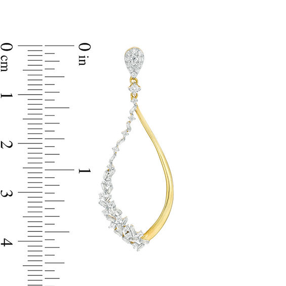 7/8 CT. T.w. Baguette and Round Diamond Scatter Teardrop Earrings in 10K Gold
