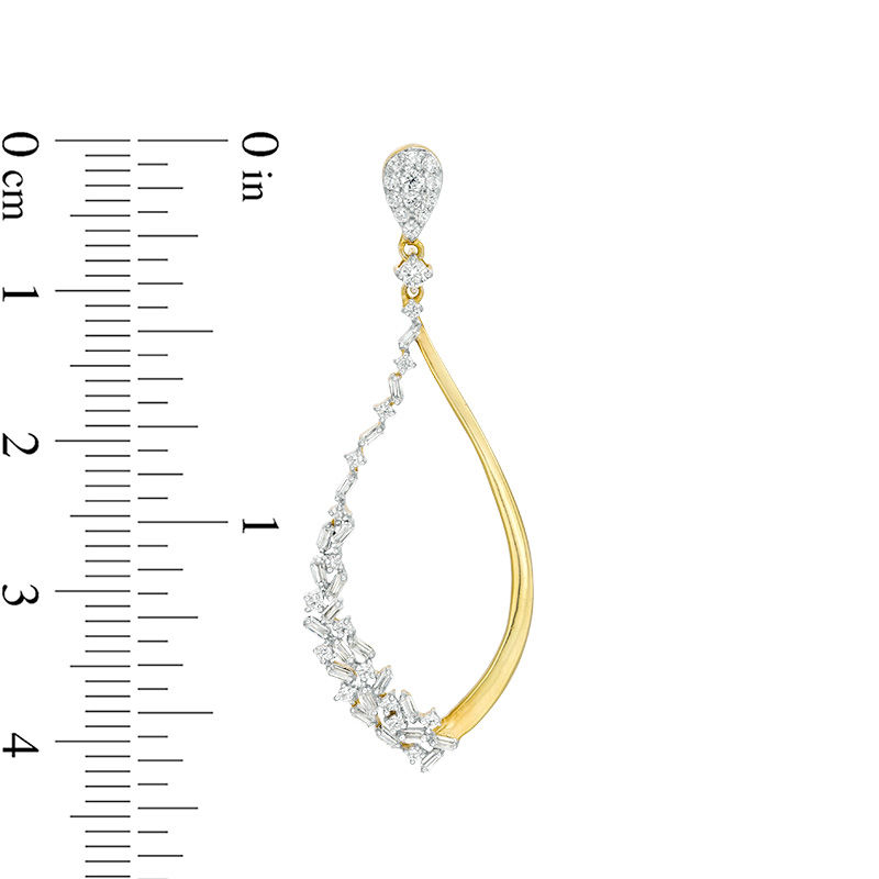 Main Image 3 of 7/8 CT. T.W. Baguette and Round Diamond Scatter Teardrop Earrings in 10K Gold