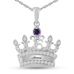 Birthstone and Lab-Created White Sapphire Sweet 16 Engravable Crown Pendant (1 Stone and Line)
