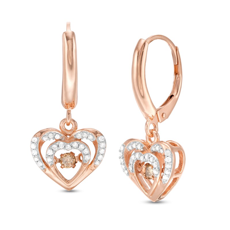 Unstoppable Love™ 1/4 CT. T.W. Champagne and White Diamond Double Heart Drop Earrings in 10K Rose Gold
