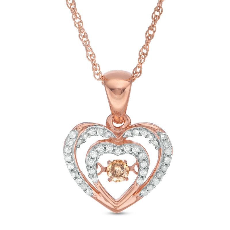 0.24 CT. T.W. Champagne and White Diamond Double Heart Pendant in 10K Rose Gold