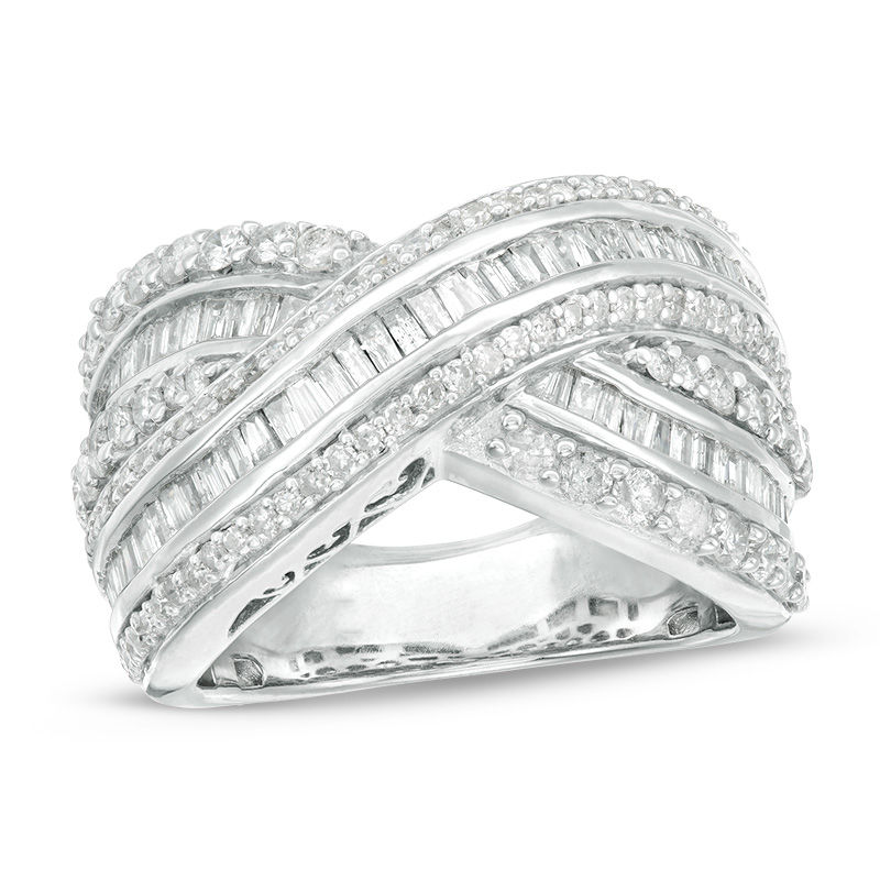 2 CT. T.W. Baguette and Round Diamond Triple-Row Crossover Ring in 10K White Gold - Size 7