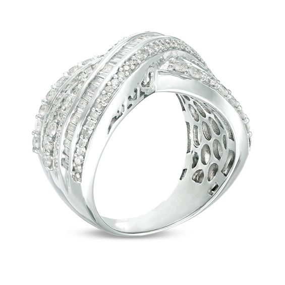 2 CT. T.w. Baguette and Round Diamond Triple-Row Crossover Ring in 10K White Gold - Size 7