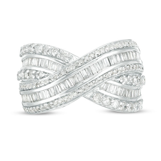 2 CT. T.w. Baguette and Round Diamond Triple-Row Crossover Ring in 10K White Gold - Size 7