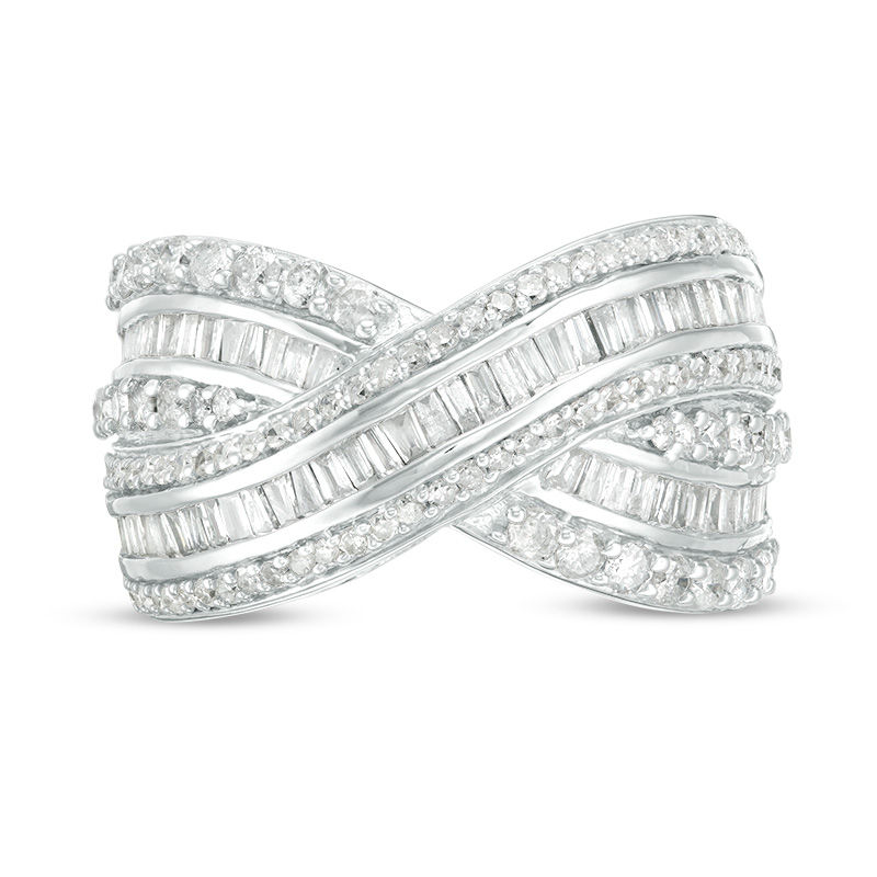 2 CT. T.W. Baguette and Round Diamond Triple-Row Crossover Ring in 10K White Gold - Size 7