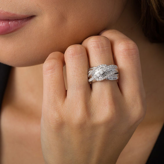 1 CT. T.w. Baguette and Round Diamond Multi-Row Wave Ring in 10K White Gold - Size 7