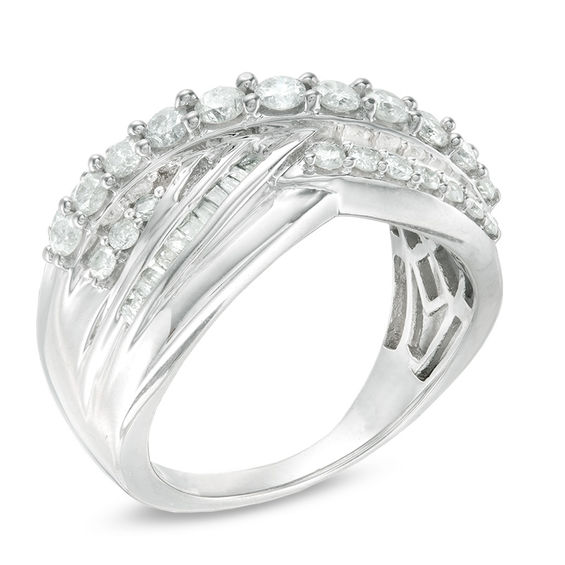 1 CT. T.w. Baguette and Round Diamond Multi-Row Wave Ring in 10K White Gold - Size 7