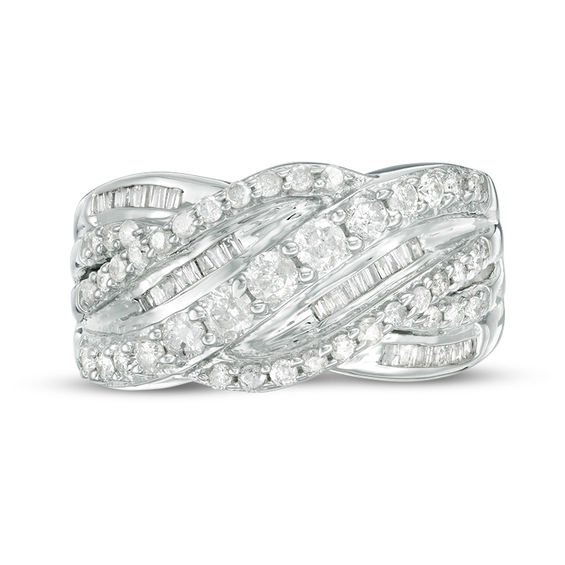 1 CT. T.w. Baguette and Round Diamond Multi-Row Wave Ring in 10K White Gold - Size 7