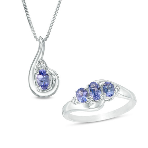 Oval Tanzanite and Diamond Accent Swirl Bypass Pendant and Three Stone Ring Set in Sterling Silver Oval Tanzanite and Diamond Accent Swirl Bypass Pendant and Three Stone Ring Set in Sterling Silver