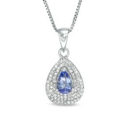 Pear-Shaped Tanzanite and 1/4 CT. T.W. Diamond Double Frame Pendant in Sterling Silver