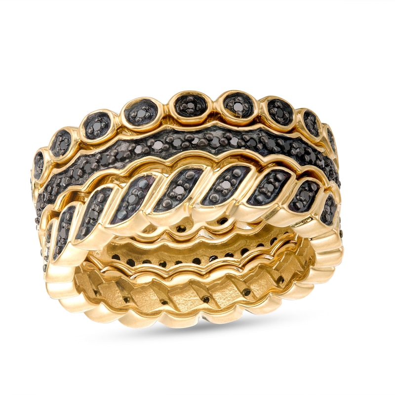 1/4 CT. T.W. Black Diamond Geometric Three Piece Stackable Band Set in Sterling Silver with 14K Gold Plate