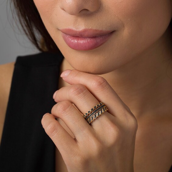 1/4 CT. T.w. Black Diamond Geometric Three Piece Stackable Band Set in Sterling Silver with 14K Gold Plate