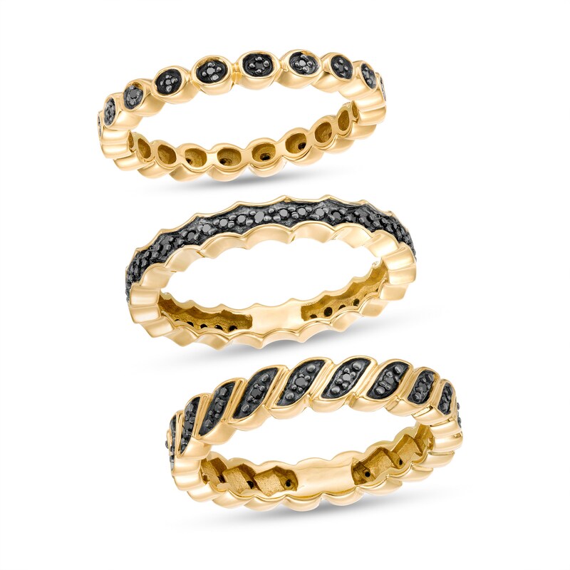 1/4 CT. T.W. Black Diamond Geometric Three Piece Stackable Band Set in Sterling Silver with 14K Gold Plate