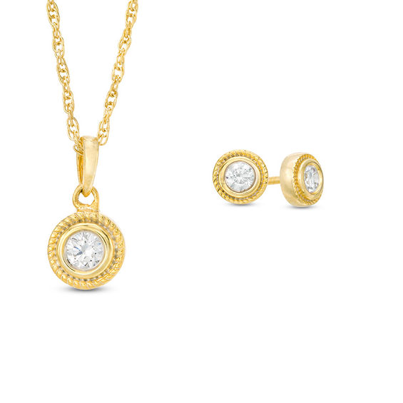 1/4 CT. T.W. Diamond Solitaire Rope-Edge Vintage-Style Pendant and Stud Earrings Set in 10K Gold 1/4 CT. T.W. Diamond Solitaire Rope-Edge Vintage-Style Pendant and Stud Earrings Set in 10K Gold