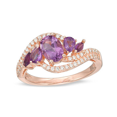Multi-Shaped Amethyst and White Topaz Five Stone Bypass Ring in Sterling  Silver with 18K Rose Gold Plate