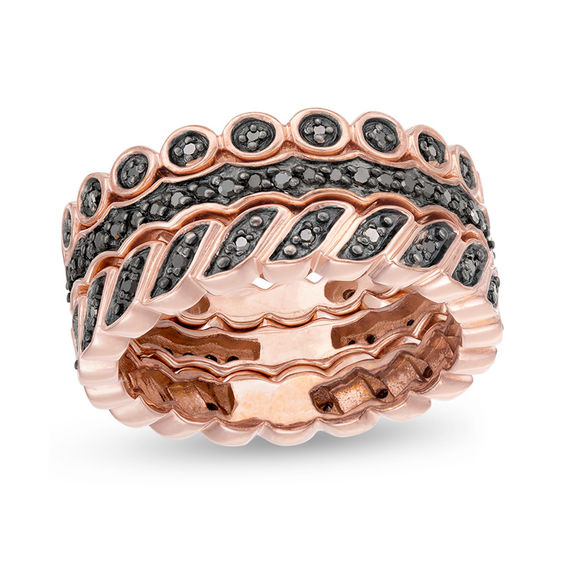 1/4 CT. T.w. Black Diamond Three Piece Stackable Band Set in Sterling Silver with 14K Rose Gold Plate