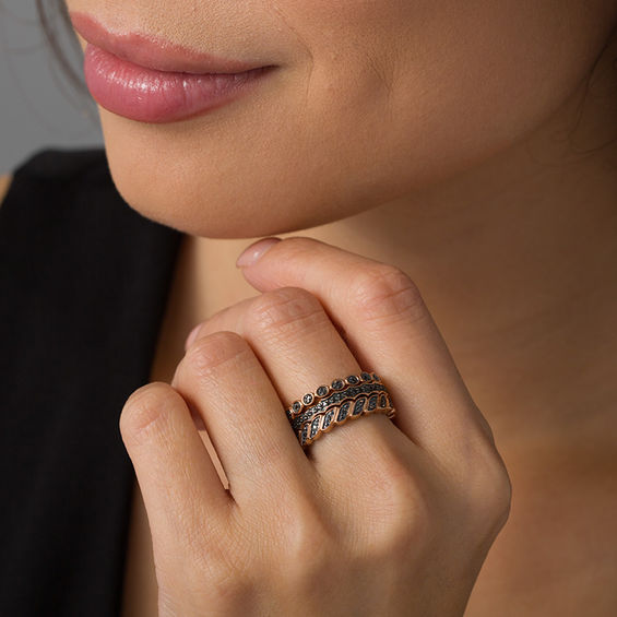 1/4 CT. T.w. Black Diamond Three Piece Stackable Band Set in Sterling Silver with 14K Rose Gold Plate