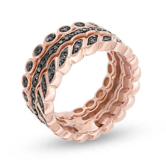 1/4 CT. T.w. Black Diamond Three Piece Stackable Band Set in Sterling Silver with 14K Rose Gold Plate