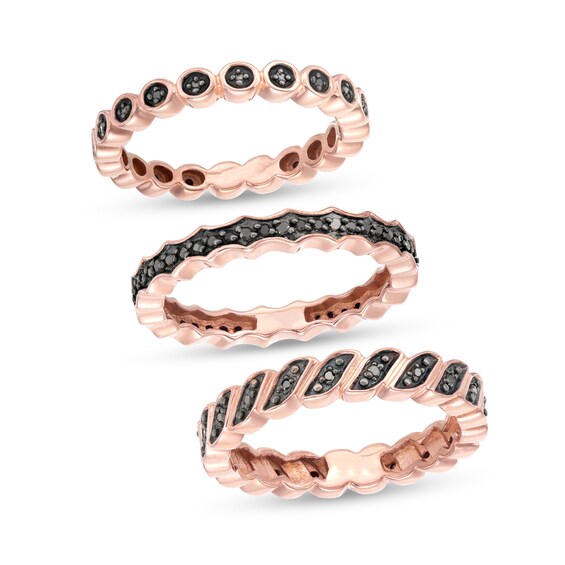 1/4 CT. T.w. Black Diamond Three Piece Stackable Band Set in Sterling Silver with 14K Rose Gold Plate