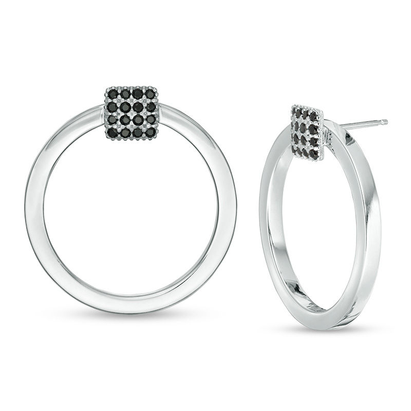Main Image 1 of Made in Italy Black Spinel Square Cluster Open Circle Doorknocker Drop Earrings in Sterling Silver