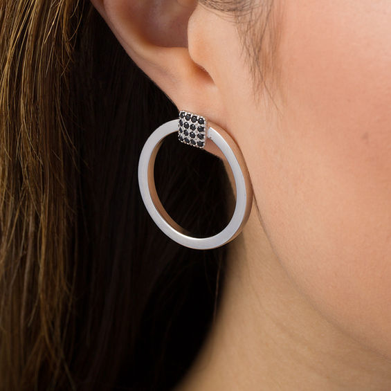 Made in Italy Black Spinel Square Cluster Open Circle Doorknocker Drop Earrings in Sterling Silver