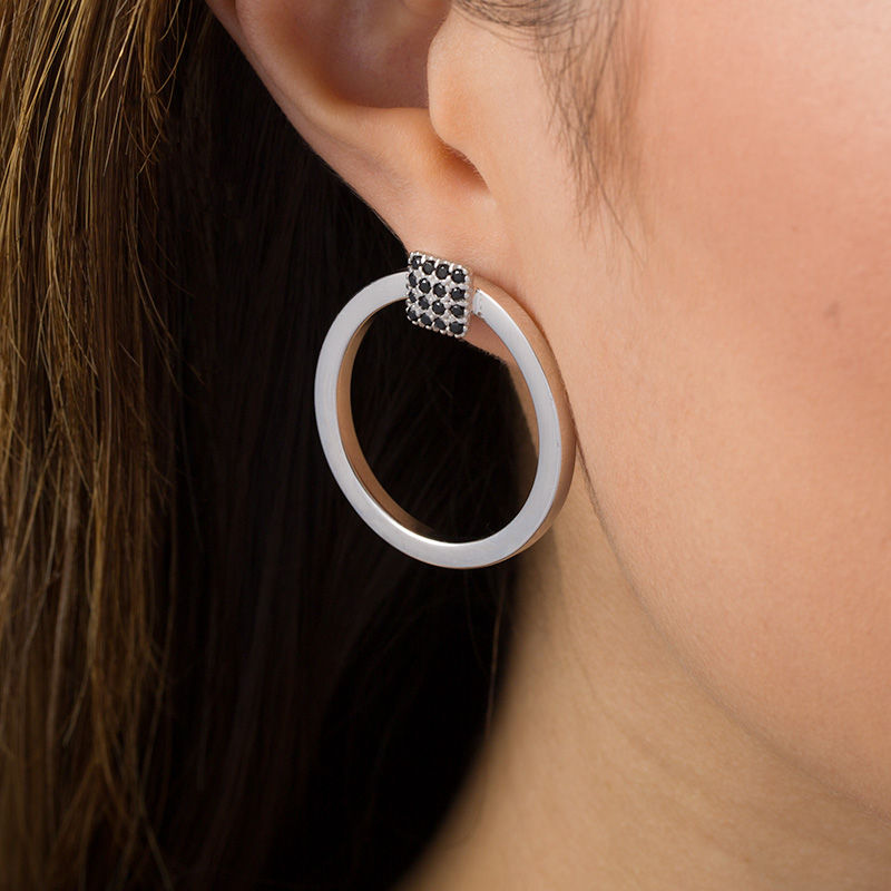 Main Image 2 of Made in Italy Black Spinel Square Cluster Open Circle Doorknocker Drop Earrings in Sterling Silver