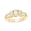 Thumbnail Image 0 of Oval Lab-Created Opal and 1/10 CT. T.W. Diamond Three Stone Ring in 10K Gold
