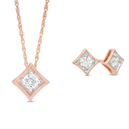 1/4 CT. T.W. Diamond Solitaire Concave Square Pendant and Stud Earrings Set in 10K Rose Gold