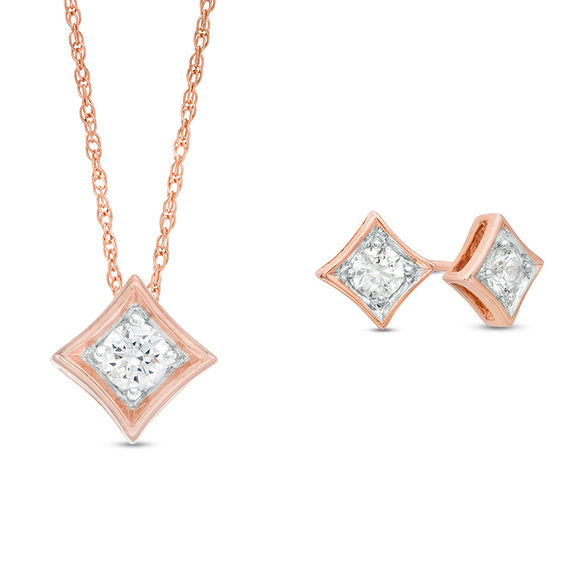 1/4 CT. T.w. Diamond Solitaire Concave Square Pendant and Stud Earrings Set in 10K Rose Gold