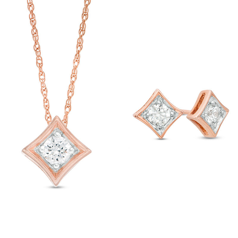 Main Image 1 of 1/4 CT. T.W. Diamond Solitaire Concave Square Pendant and Stud Earrings Set in 10K Rose Gold