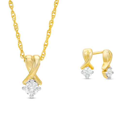 1/4 CT. T.W. Diamond Solitaire Crossover Pendant and Stud Earrings Set in 10K Gold 1/4 CT. T.W. Diamond Solitaire Crossover Pendant and Stud Earrings Set in 10K Gold