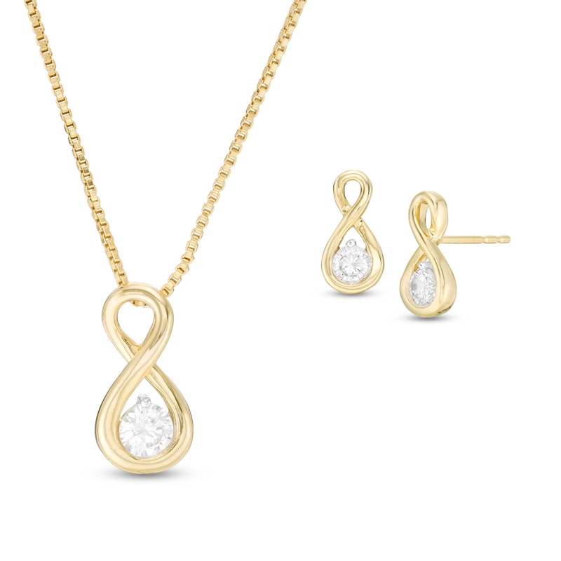Main Image 1 of 1/2 CT. T.W. Diamond Solitaire Infinity Pendant and Stud Earrings Set in 10K Gold