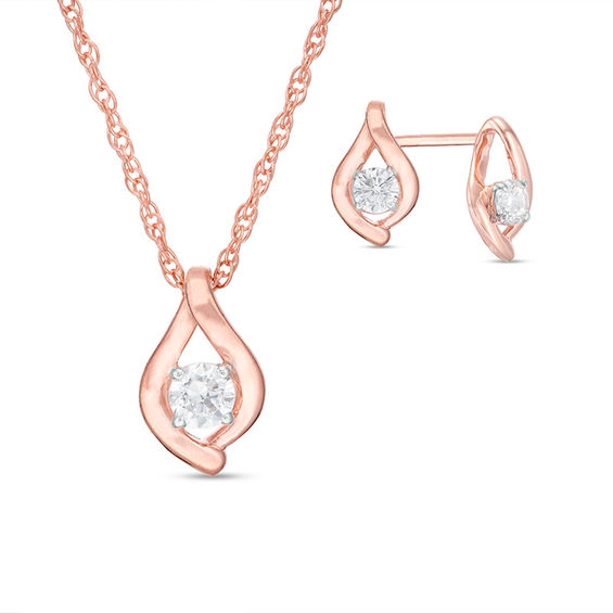 1/4 CT. T.W. Diamond Solitaire Flame Pendant and Stud Earrings Set in 10K Rose Gold 1/4 CT. T.W. Diamond Solitaire Flame Pendant and Stud Earrings Set in 10K Rose Gold