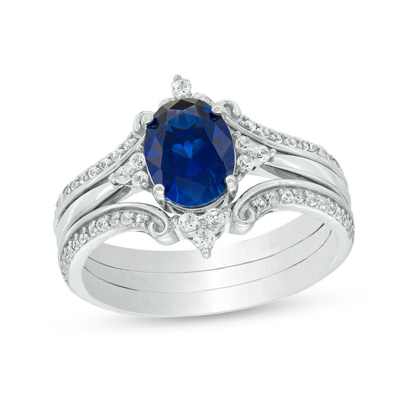 Main Image 1 of Oval Lab-Created Blue and White Sapphire Ornate Three Piece Bridal Set in Sterling Silver
