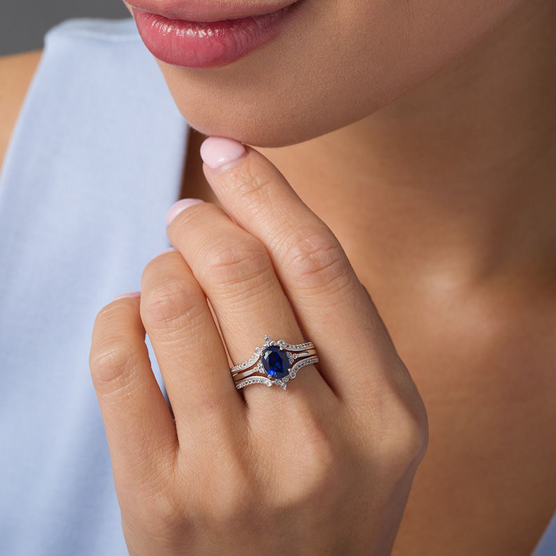 Main Image 2 of Oval Lab-Created Blue and White Sapphire Ornate Three Piece Bridal Set in Sterling Silver