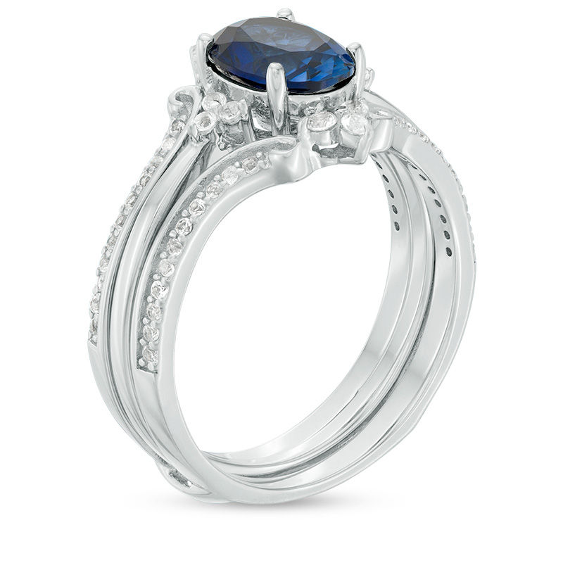 Main Image 3 of Oval Lab-Created Blue and White Sapphire Ornate Three Piece Bridal Set in Sterling Silver