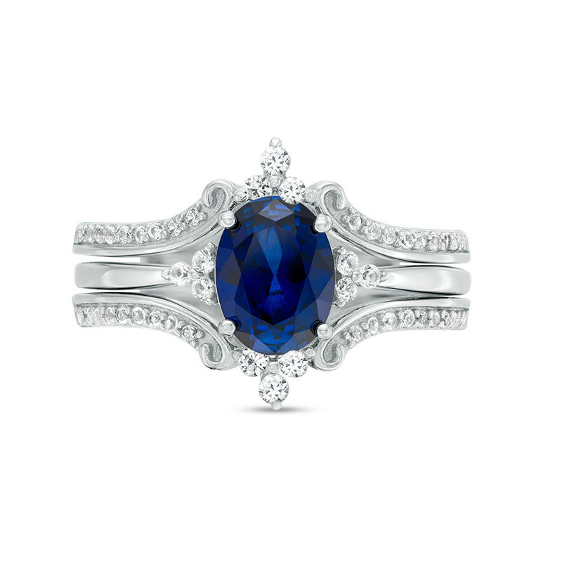 Main Image 4 of Oval Lab-Created Blue and White Sapphire Ornate Three Piece Bridal Set in Sterling Silver