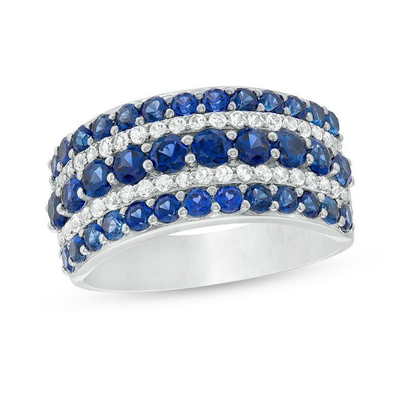Main Image 1 of Lab-Created Blue and White Sapphire Multi-Row Ring in Sterling Silver