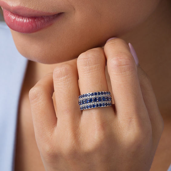 Lab-Created Blue and White Sapphire Multi-Row Ring in Sterling Silver