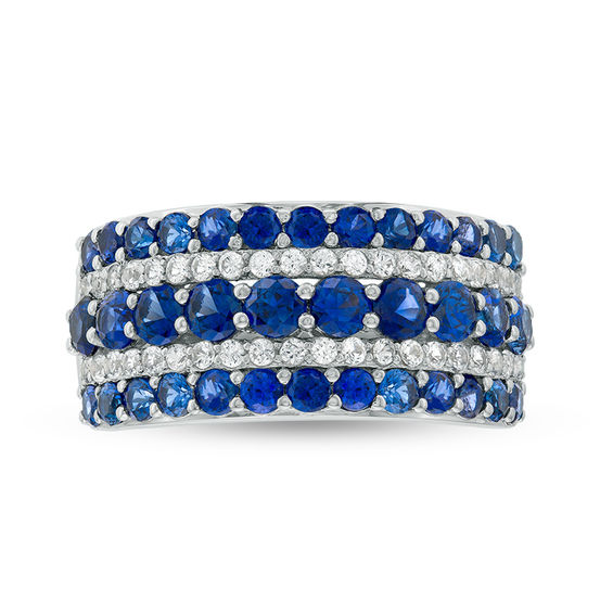 Lab-Created Blue and White Sapphire Multi-Row Ring in Sterling Silver