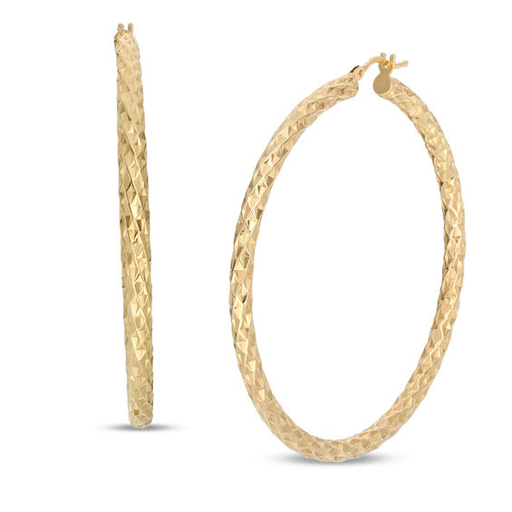 10k Real Yellow Gold Square Tubing Diamond Cut Hoop Earrings 31.2 mm 2.2 gr