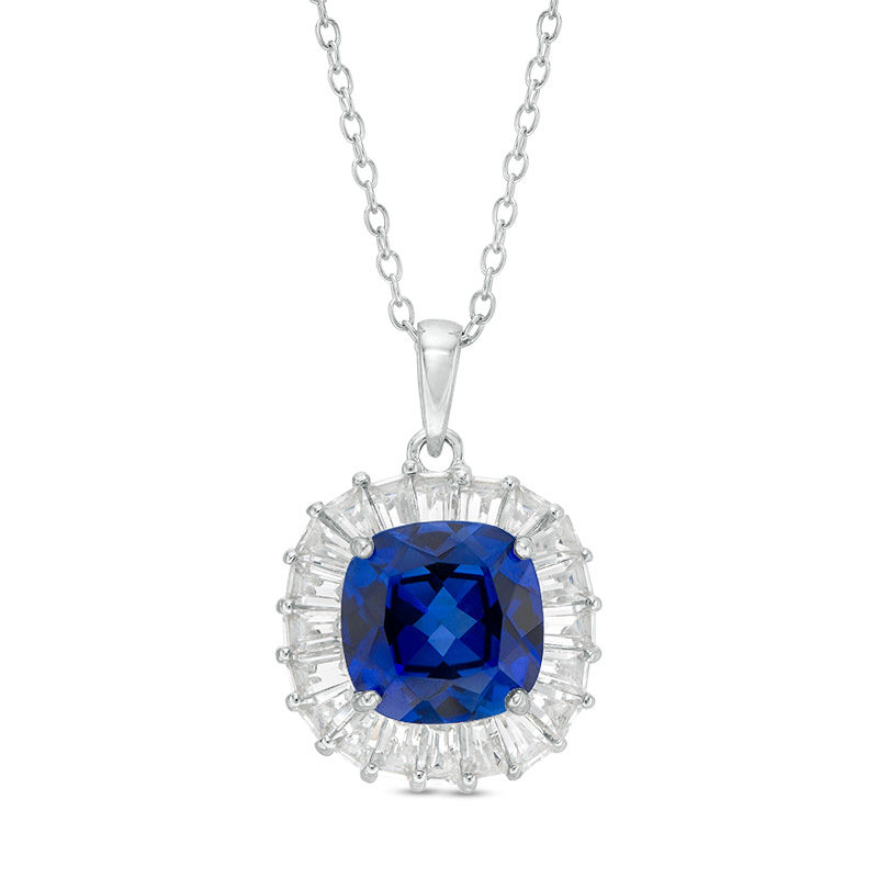 Main Image 1 of 9.0mm Cushion-Cut Lab-Created Blue and White Sapphire Frame Pendant in Sterling Silver